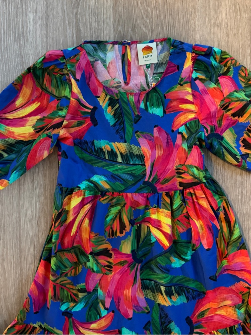 NWT Farm Rio Banana Mix Tropical Print Puff Sleeve Midi Dress - Blue Multi - Picture 8 of 11